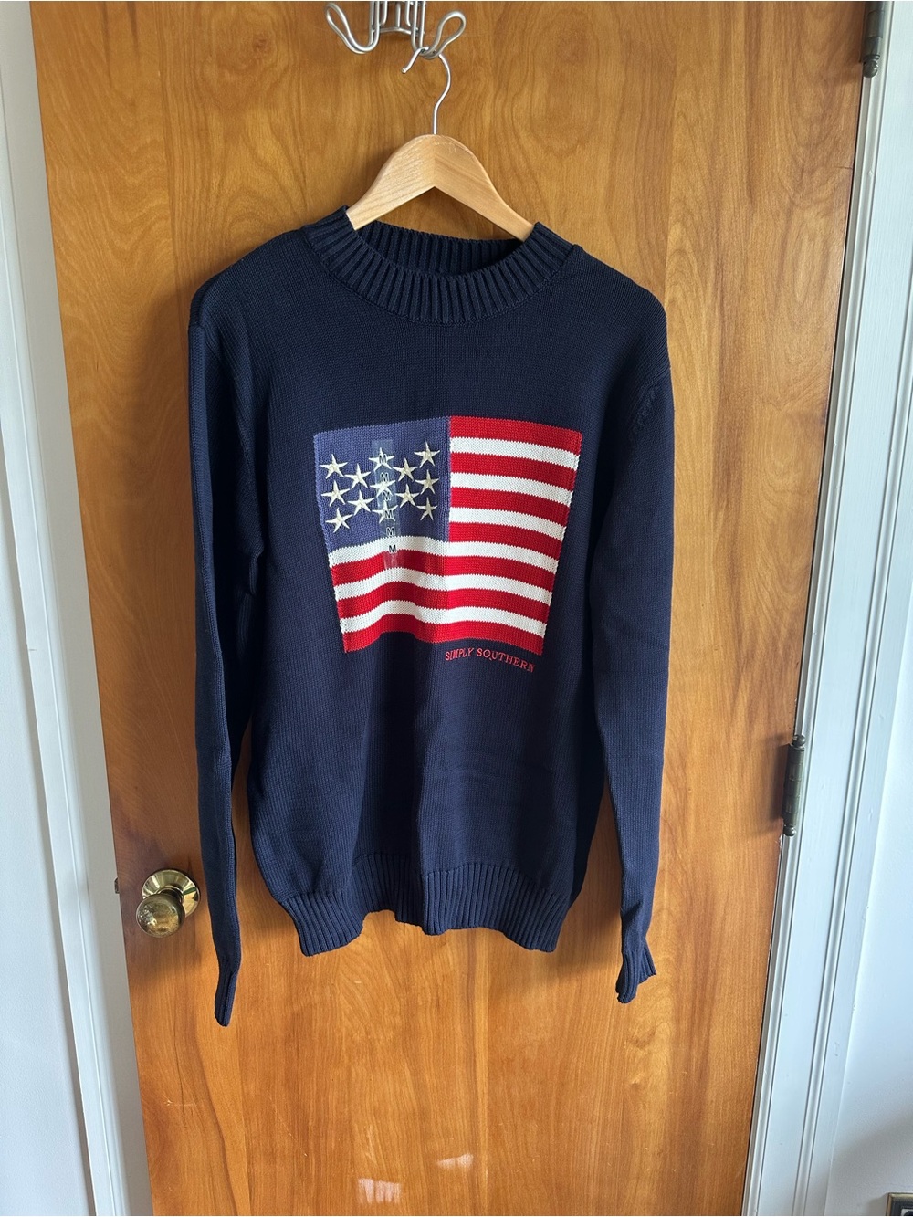Simply Southern Navy Crewneck Sweater with Red and White Flag